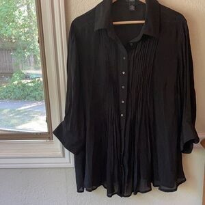 ALFAN WOMAN 1X Black Sheer Button Down Blouse